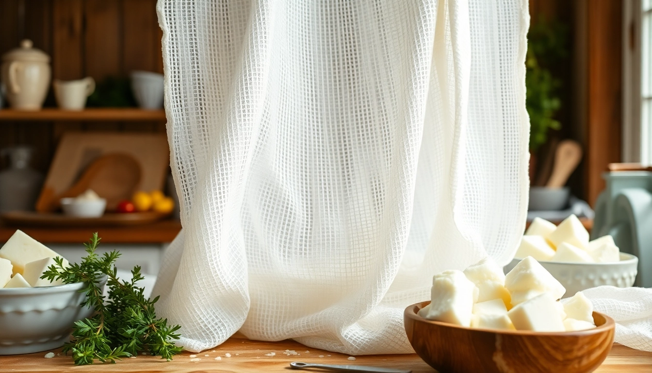 Kaasdoek met textuur in een keuken, waar verse zuivelproducten voorzichtig worden bereid.