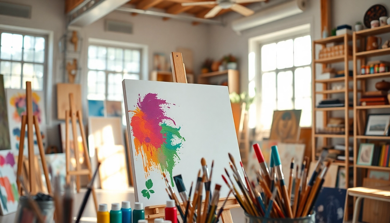 Maak een kleurrijke canvas kunstwerk in een heldere studio vol creatieve energie.
