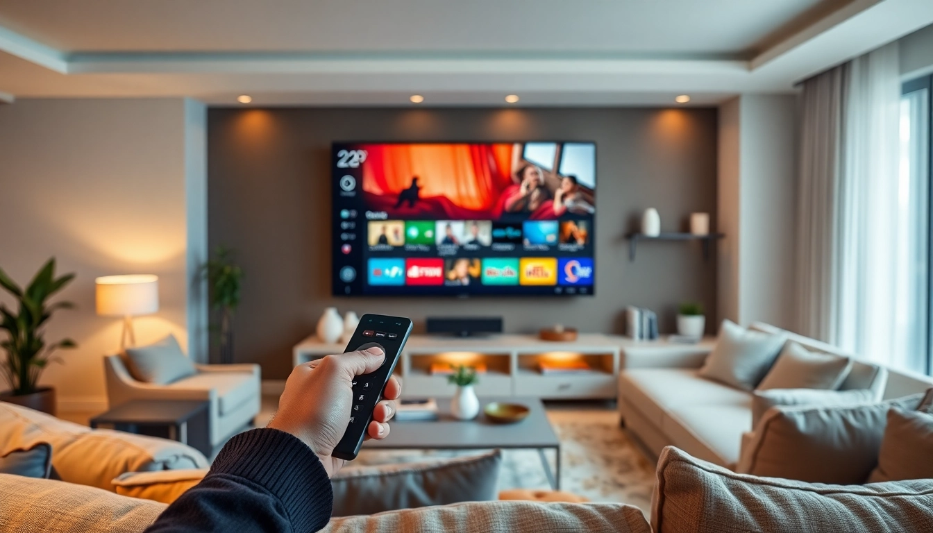 Découvrez l'abonnement IPTV 12 mois dans un cadre de salon moderne avec une ambiance chaleureuse.