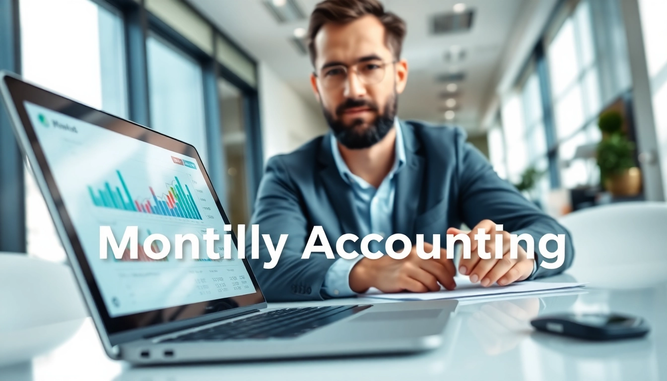 Engaged accountant reviewing Monthly Accounting Services in a modern office with financial data.