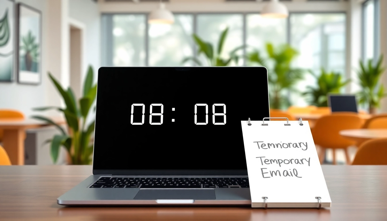 Generate your 10 minute mail quickly with a sleek laptop and countdown timer in a modern office.